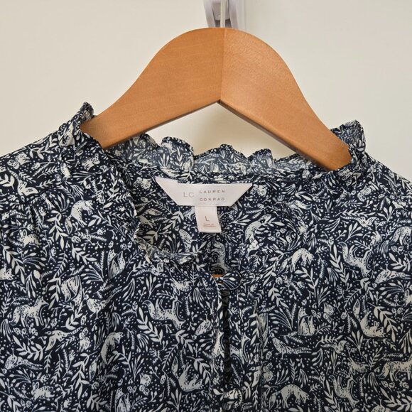 Lauren Conrad Button Front Blouse Ruffle Collar Fox Rabbits Forest Print Size L - Picture 2 of 9